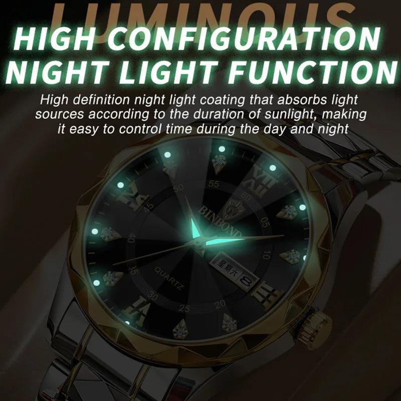 BINBOND B2521 Top Brand Diamond Mirror Luxury Men Quartz Wristwatch