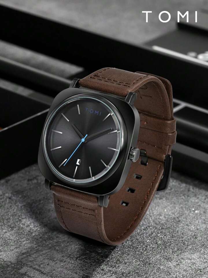TOMI T-084 Men's Watch Quartz Date Leather Straps
