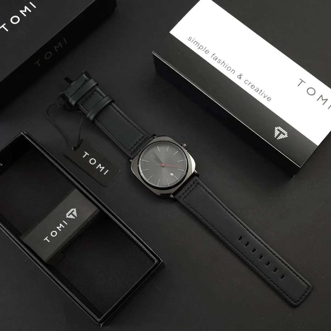 TOMI T-084 Men's Watch Quartz Date Leather Straps